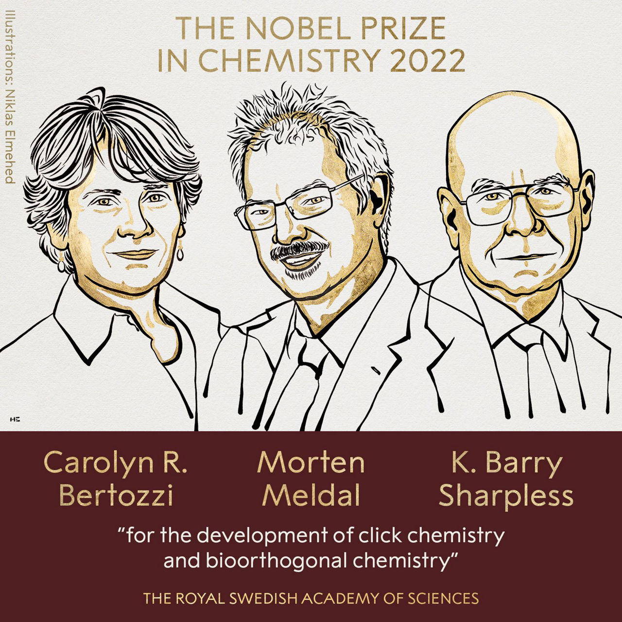 Carolyn R. Bertozzi, Morten Meldal y K. Barry Sharpless. Foto: © Nobel Prize