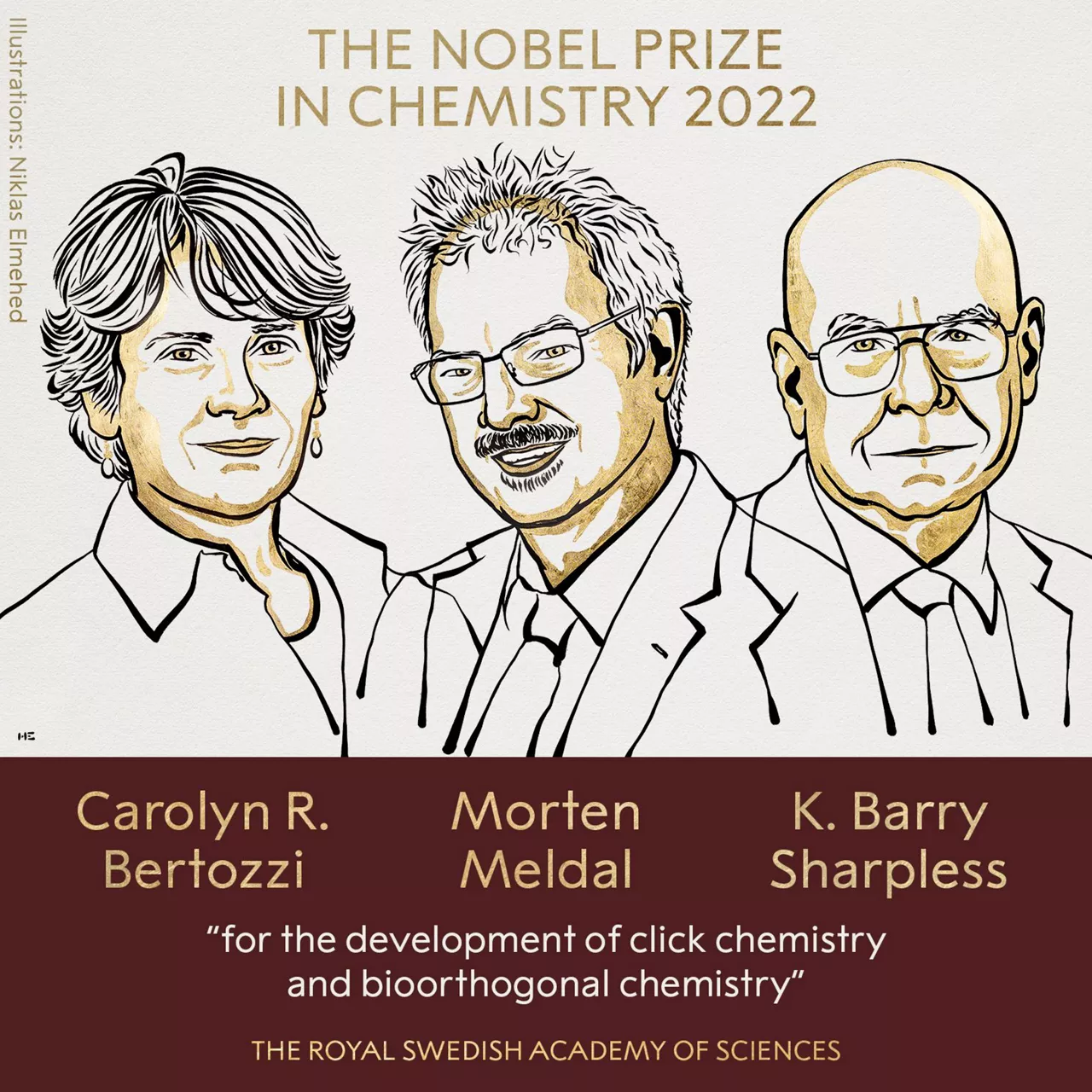 Carolyn R. Bertozzi, Morten Meldal y K. Barry Sharpless. Foto: © Nobel Prize