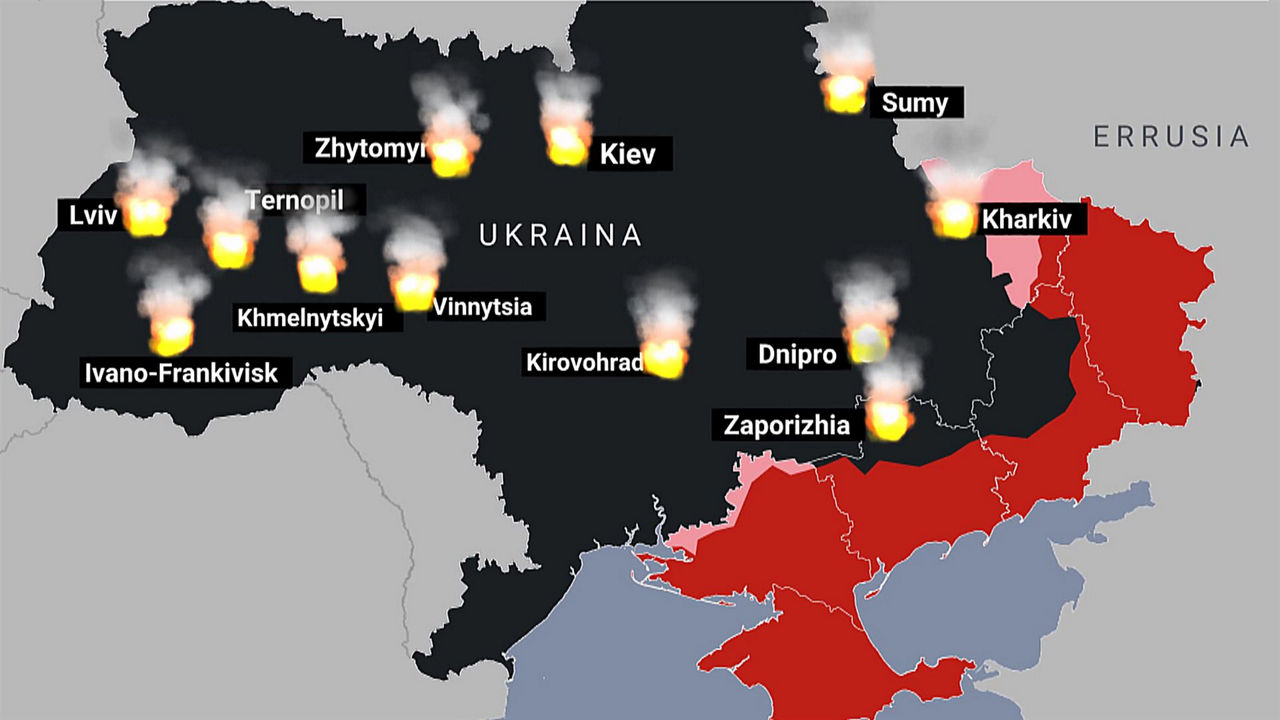 Ukrainako 12 hiri erasotu ditu Errusiak. Argazkia: EITB Media.