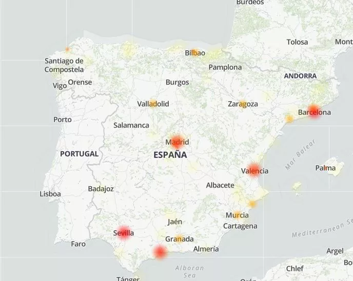 Mapa de fallos y problemas notificados de Whatsapp.