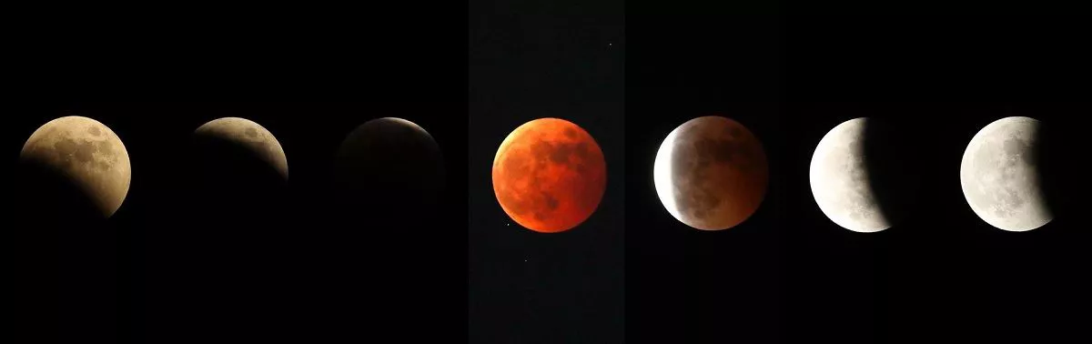 Fases del eclipse de Luna, visto desde Corea del Sur. Foto: EFE