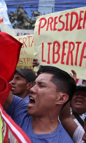 Manifestantes reclamando la libertad del expresidente Pedro Castillo. Foto: EFE