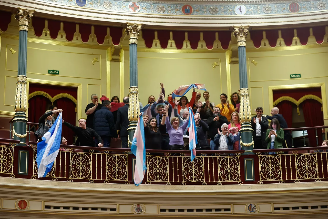 Un grupo del colectivo LGTBI celebran la aprobación de la Ley Trans en el Congreso