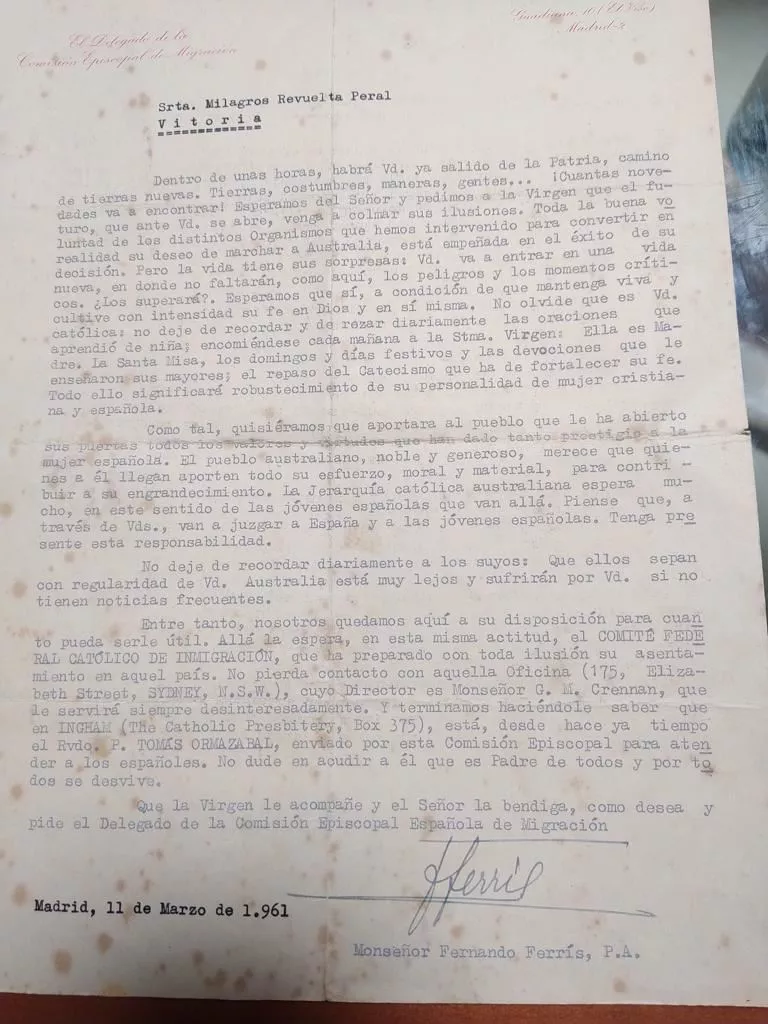 Carta emitida por la Iglesia Católica a una de las mujeres que viajaría a Australia bajo el 'Plan Marta'. Imagen: EITB Media.