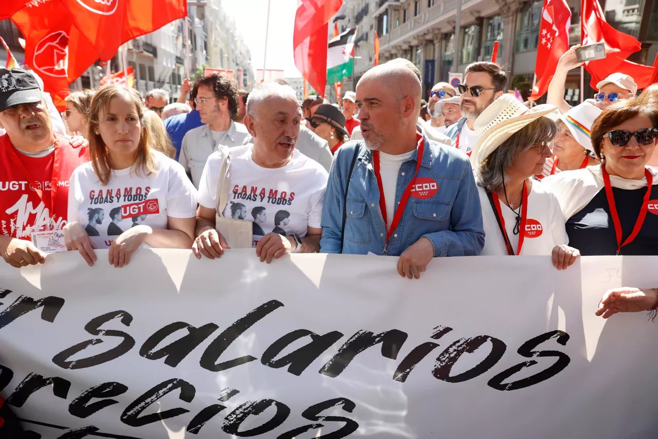 Pepe Alvarez UGT y Unai Sordo CCOO en la manifestación del 1 mayo en Madrid