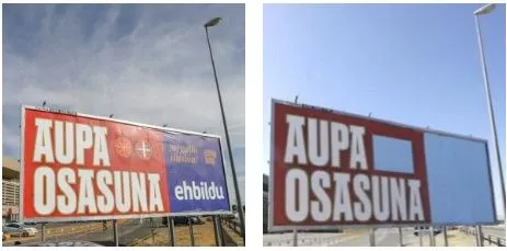 EH Bilduk Sevillan ipinitako karteletako bat, estali aurretik eta ondoren. Argazkia: EITB Media