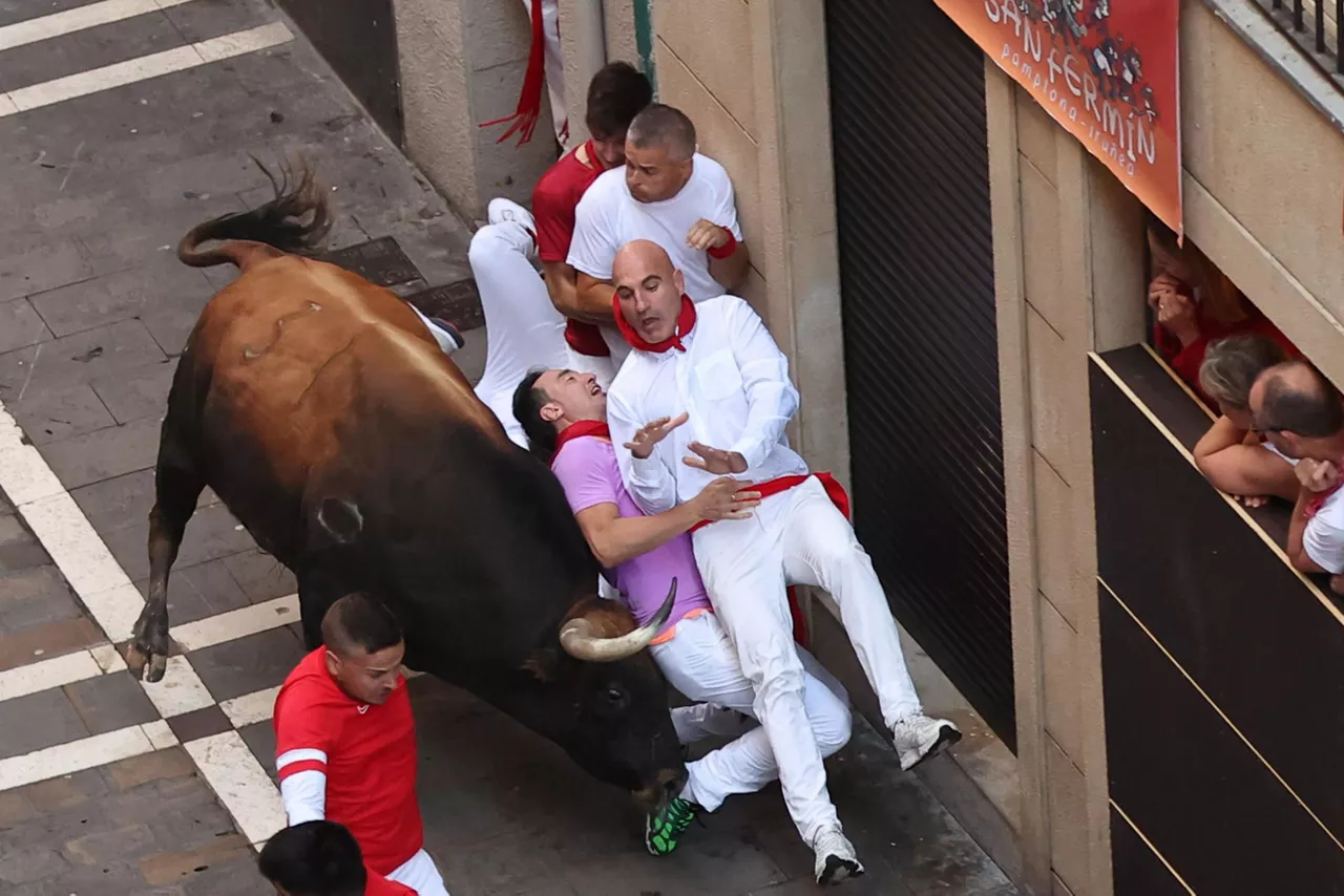 Un mozo es alcanzado por uno de los toros de la ganadería Fuente Ymbro. Foto: EFE