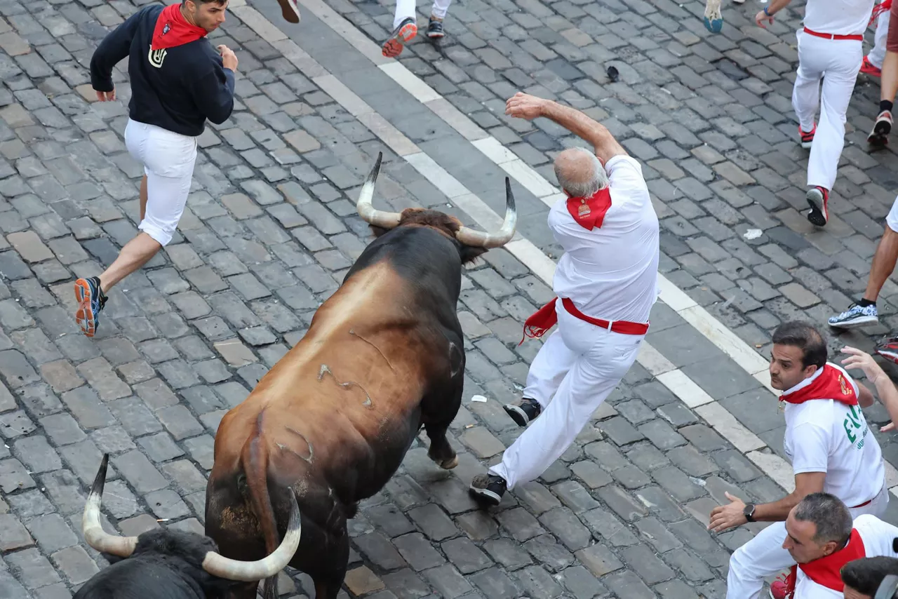 Mozos corren junto a toros de la ganadería Fuente Ymbro. Foto: EFE