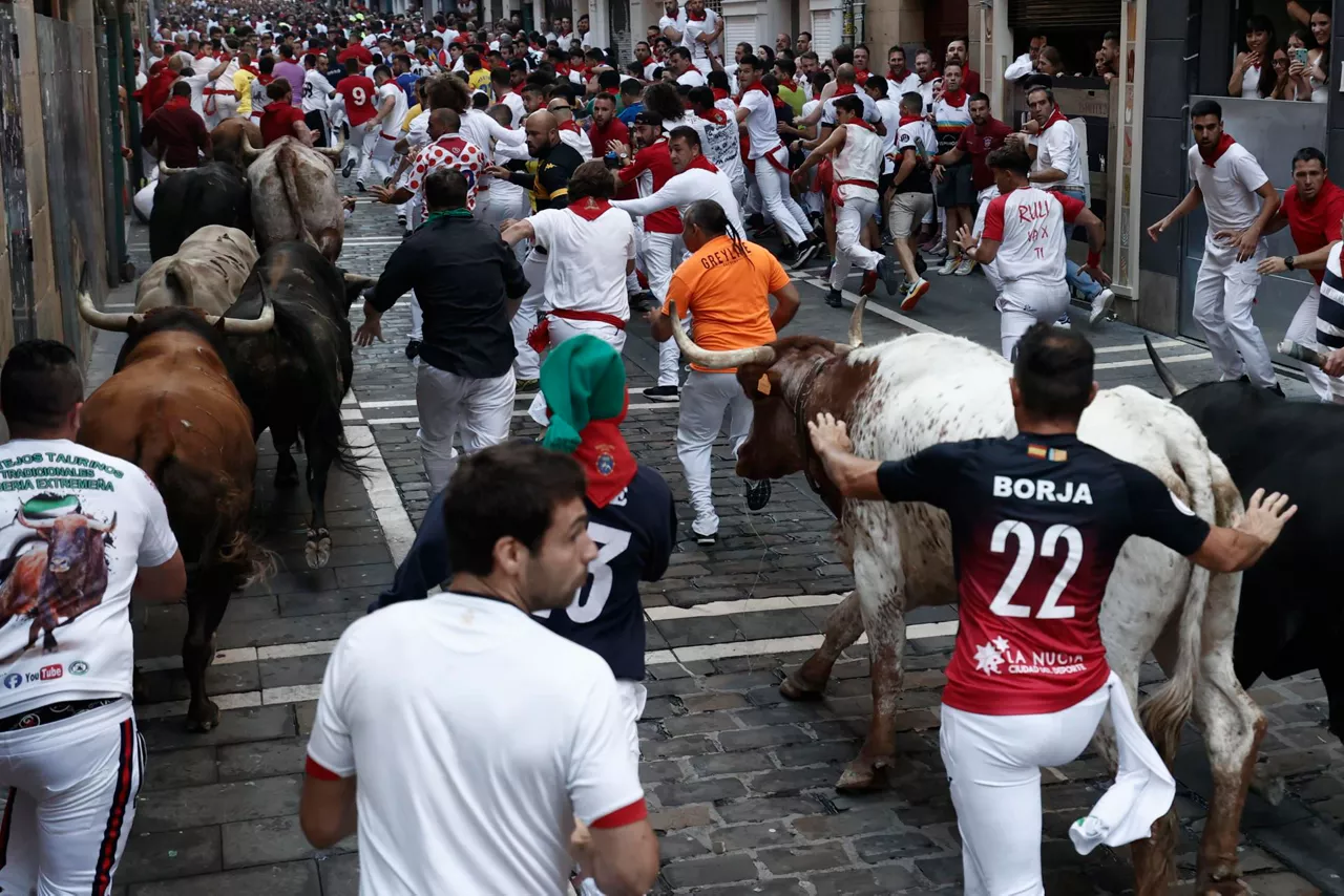 Mozos corren junto a toros de la ganadería Fuente Ymbro. Foto: EFE