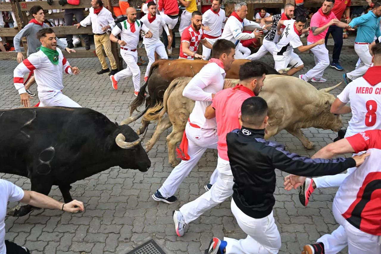 Mozos corren junto a toros de la ganadería Fuente Ymbro. Foto: EFE
