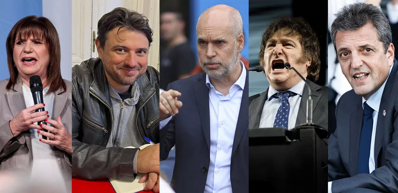ombo de fotografías de archivo que muestra a los aspirantes a la Presidencia de Argentina, desde la izquierda, Patricia Bullrich, Juan Grabois, Horacio Rodríguez Larreta, Javier Milei y Sergio Massa. 