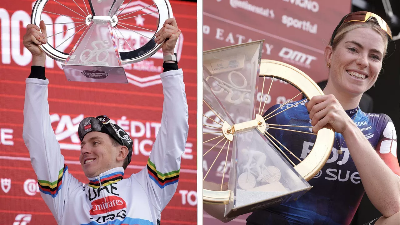 Pogacar y Vollering. Fotos: Strade Bianche