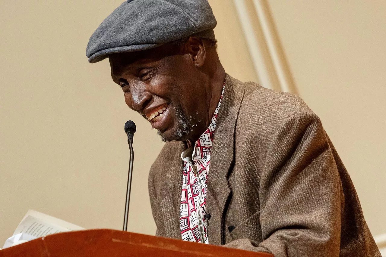 Renowned Kenyan writer Ngũgĩ wa Thiong'o reads excerpts from his recent work in both Gikuyu and English during a presentation in the Coolidge Auditorium, May 9, 2019. Photo by Shawn Miller/Library of Congress.

Note: Privacy and publicity rights for individuals depicted may apply.