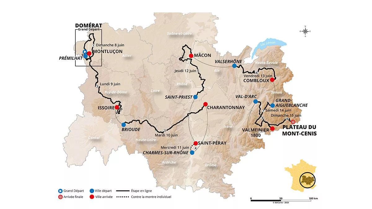 Recorrido completo del Critérium Dauphiné de 2025. Imagen: criterium-du-dauphine.fr/.