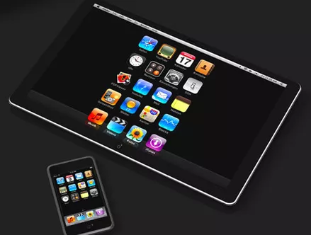 Ordenagailu eramangarrien eta sakelakoen aplikazioak uztartzen dituen Applen iPadaren irudia.