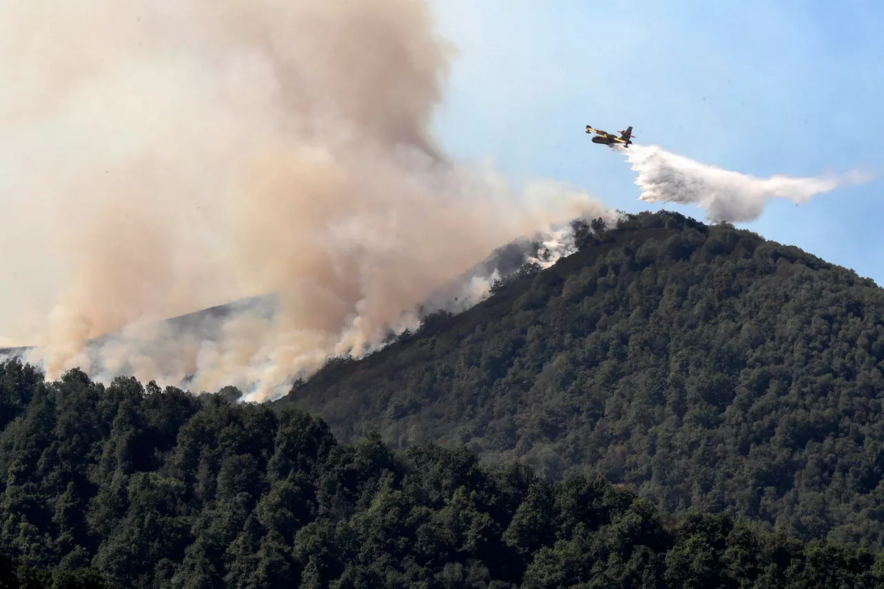 GRAF1453. DEGAÑA (ASTURIAS), 22/08/2025.- Un avión contra incendios trabaja en la zona de Degaña, próxima a la reserva de biosfera del bosque de Muniellos, durante la visita del presidente del Gobierno, Pedro Sánchez al Puesto de Mando Avanzado de Degaña (Asturias), en donde se concentran los mayores esfuerzos de los equipos de extinción en Asturias. EFE/ J.L. Cereijido
