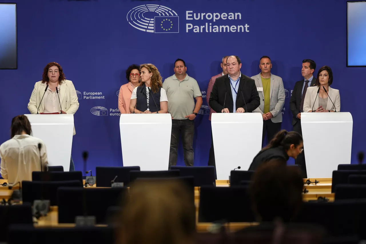 BRUSELAS, 10/06/2025.- La eurodiputada Elena Sancho (i), junto a eurodiputados del PSOE, Sumar, Bildu y PNV, y miembros del comité de empresa de la planta en Esquiroz (Navarra) del grupo alemán BSH, fabricante de electrodomésticos, durante la rueda de prensa ofrecida este martes en Bruselas. El comité de empresa de la planta en Esquiroz (Navarra) urgió este martes en Bruselas a intermediar para evitar su cierre, que afectaría a mil personas entre empleos directos e indirectos, y confiaron en que la Comisión Europea pueda establecer una "interlocución" con la multinacional. EFE/ Pablo Garrigós
