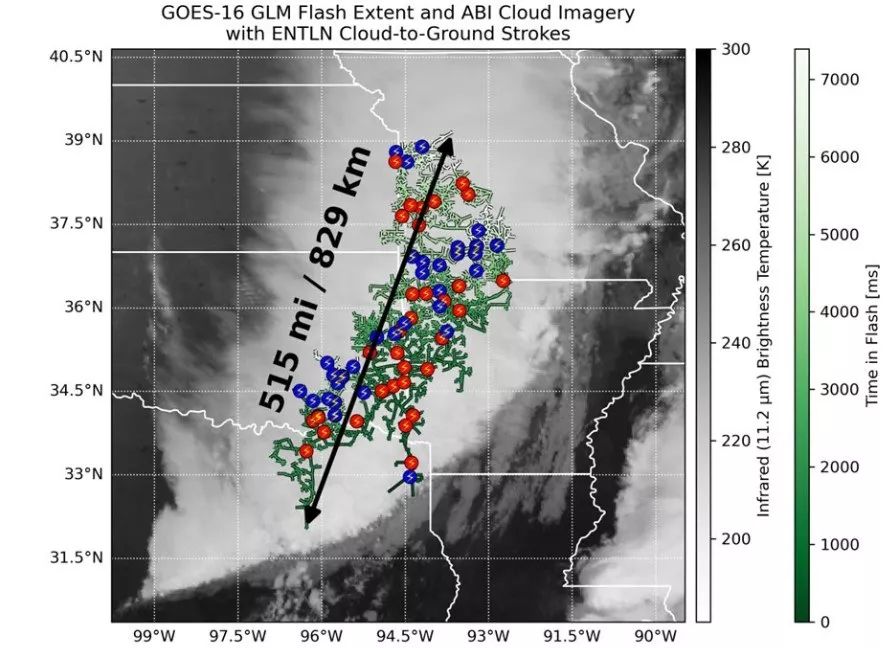 Imagen satelital del relámpago de extensión récord de 829 km ± 8 km que se extendió desde el este de Texas hasta cerca de Kansas City dentro de un complejo de tormentas eléctricas del 22 de octubre de 2017.



REMITIDA / HANDOUT por OMM

Fotografía remitida a medios de comunicación exclusivamente para ilustrar la noticia a la que hace referencia la imagen, y citando la procedencia de la imagen en la firma

31/7/2025