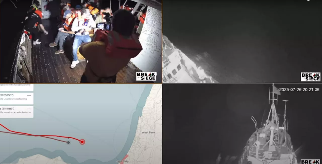 AME5522. JERUSALÉN (ISRAEL), 26/07/2025.- Captura de video cedido por la Coalición Flotilla de la Libertad del interior y exterior del barco Handala ubicado a cuarenta millas náuticas de la costa de Gaza en aguas internacionales. La coalición propalestina Flotilla de la Libertad denunció que el Ejército de Israel interceptó su barco Handala en la medianoche entre este sábado y domingo mientras navegaba hacia Gaza con el objetivo de romper el bloqueo israelí y entregar ayuda humanitaria. EFE/ Coalición Flotilla de la Libertad /SOLO USO EDITORIAL NO VENTAS /SOLO DISPONIBLE PARA ILUSTRAR LA NOTICIA QUE ACOMPAÑA (CRÉDITO OBLIGATORIO)
