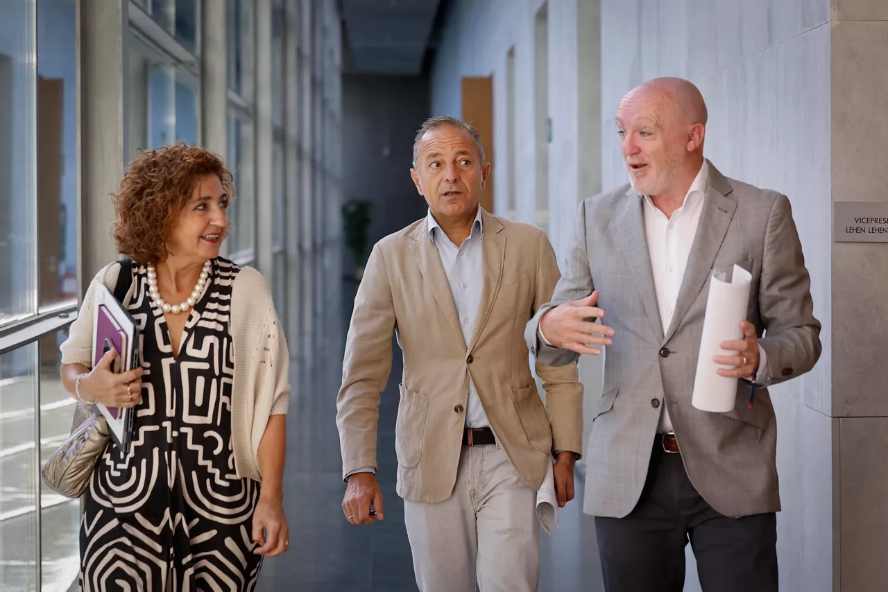 Los portavoces de UPN, Yolanda ibáñez, Juan Luis Sánchez de Muniáin (c) y Javier Esparza, a su llegada este lunes a la habitual sesión de la Mesa y Junta de Portavoces del Parlamento de Navarra