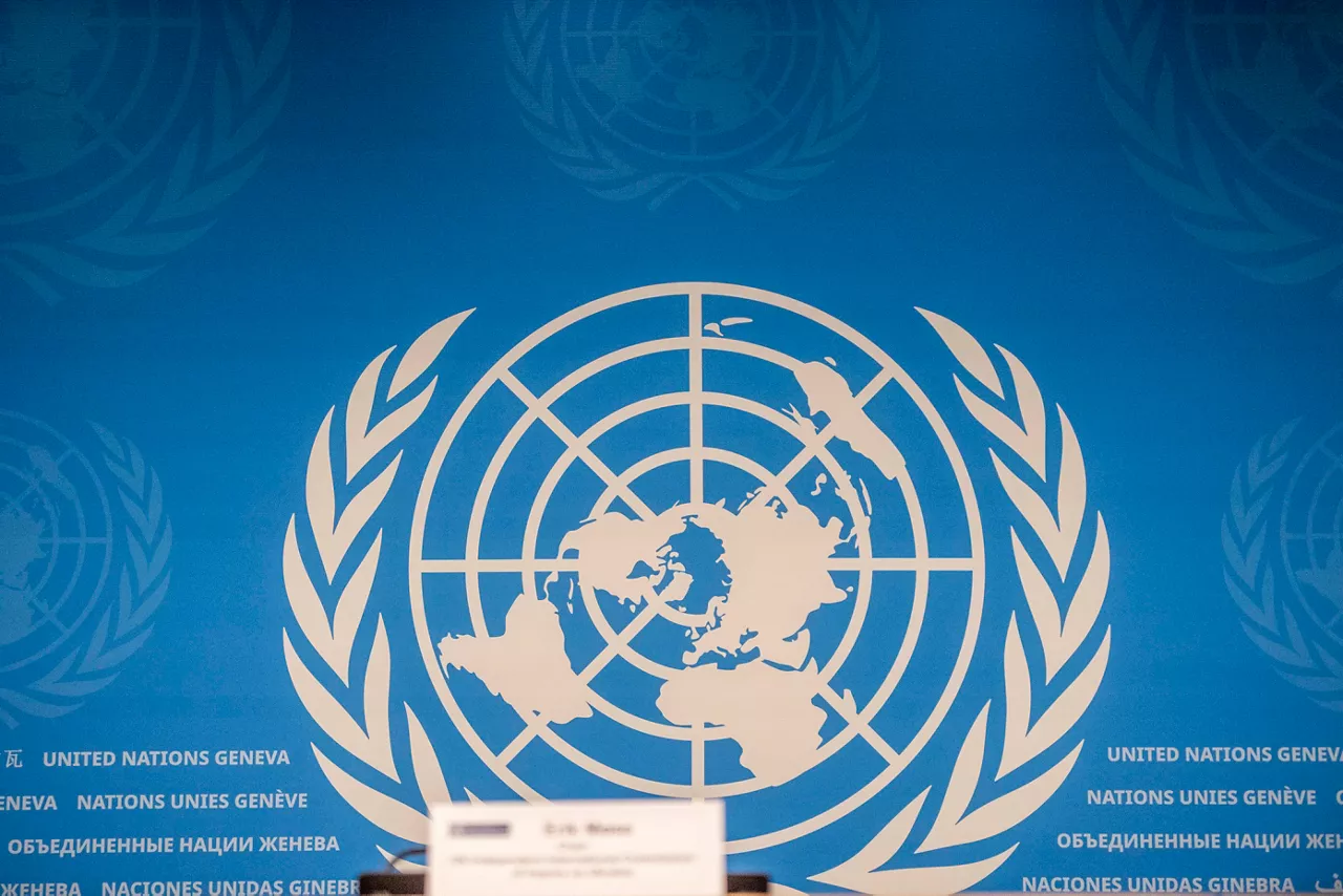 The seal of the UN in Geneva during at the UN Independent International Commission of Inquiry on Ukraine press conference at the Office of the United Nations High Commissioner for Human Rights (OHCHR). UN Independent International Commission of Inquiry on Ukraine which concerns the Independent International Commission of Inquiry on Ukraine and took place at United Nations of Geneva in Geneva.