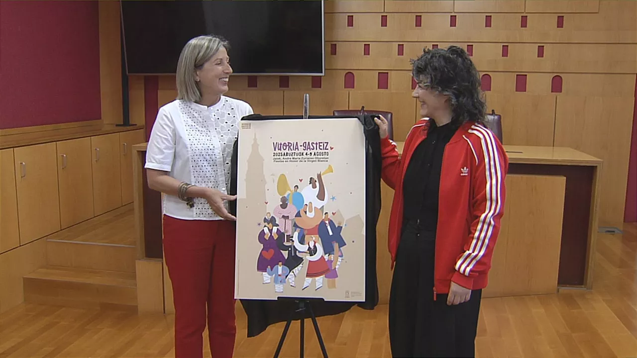 Sonia Díaz de Corcuera y Ania Saénz de Buruaga en la presentación del cartel de las Fiestas de la Blanca 2025