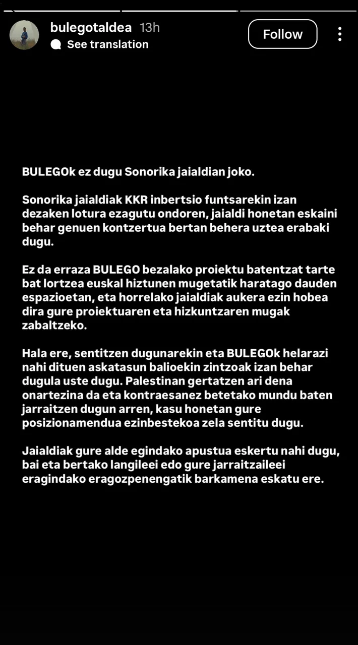 Bulegok Sonorica jaialdian joko ez duela iragartzeko zabaldu duen oharra