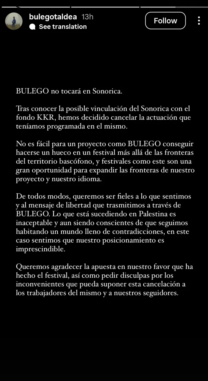 Nota difundida por Bulegoa para anunciar que no actuará en el festival Sonorica