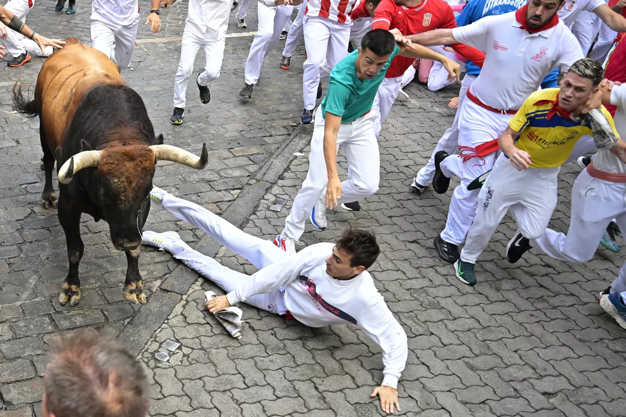 PAMPLONA, 07/07/2025.- Un mozo cae al paso de uno de los toros de la ganadería gaditana de Fuente Ymbro durante el primer encierro de los Sanfermines 2025, este lunes en Pamplona. EFE/ Daniel Fernández

