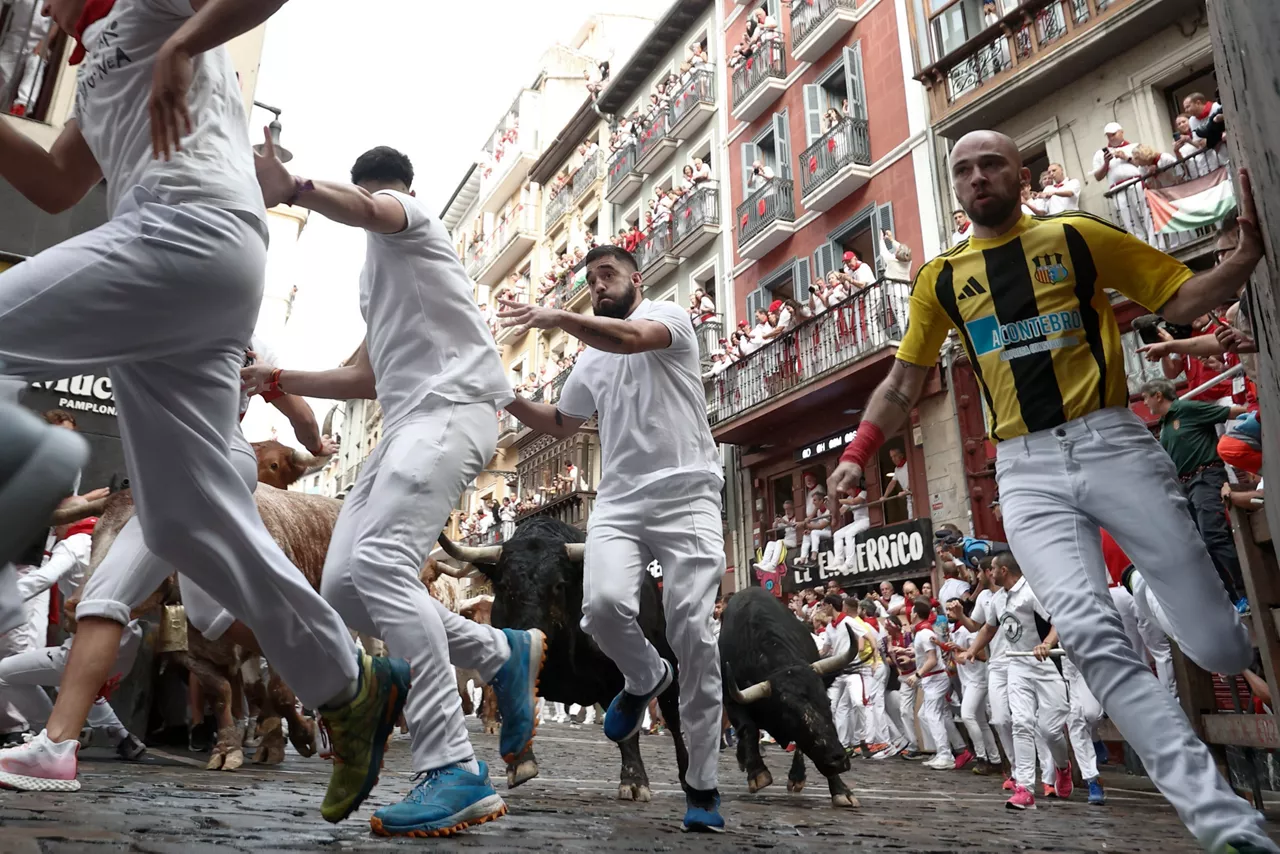 PAMPLONA, 07/07/2025.- Los mozos son perseguidos por toros de la ganadería gaditana de Fuente Ymbro durante el primer encierro de los Sanfermines 2025, este lunes en Pamplona. EFE/ Jesús Diges

