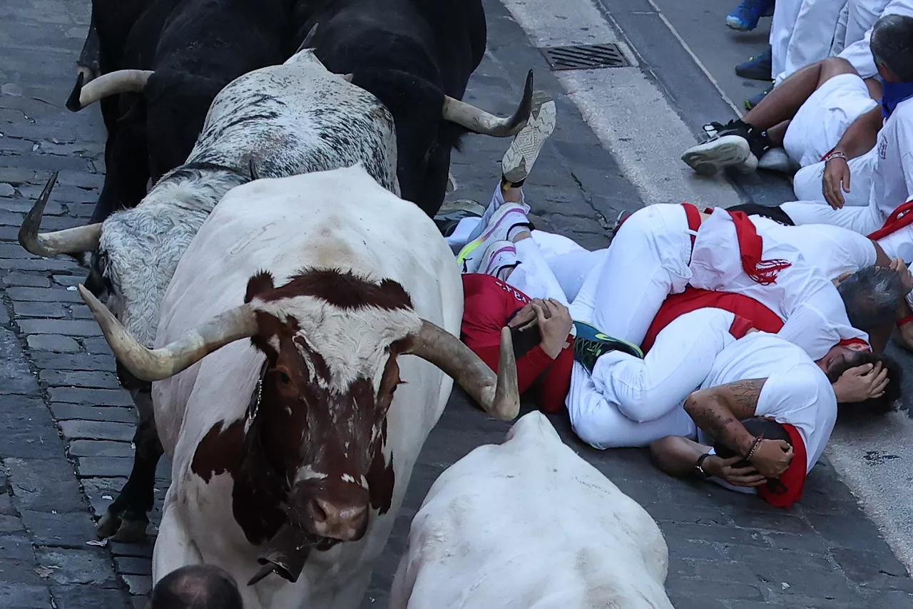 PAMPLONA, 08/07/2025.- Segundo encierro de los Sanfermines, protagonizado por seis toros de Cebada Gago, este martes, en Pamplona. EFE/ J.P. Urdiroz
