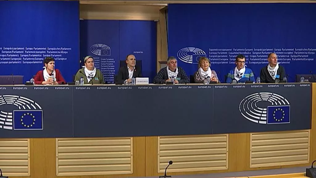 Representantes de Etxerat, hoy, en el Parlamento Europeo.