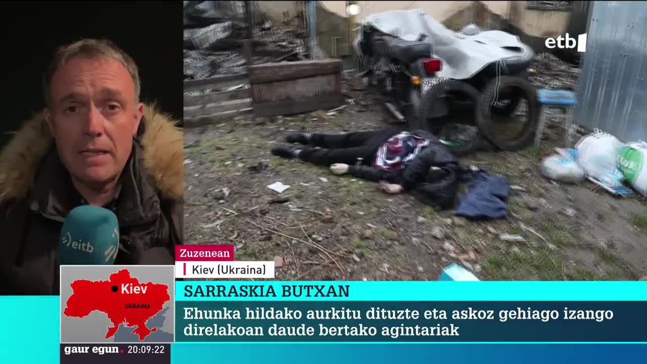 Butxako hirian, zibilen gorpuak nonahi. 410 pertsonen gorpuak aurkitu dituzte eta 280 gorpu inguru hobi komunetan lurperatu behar izan dituzte. Fusilatuak izan dira batzuk eta eskuak lotuta dituzte hainbatek.