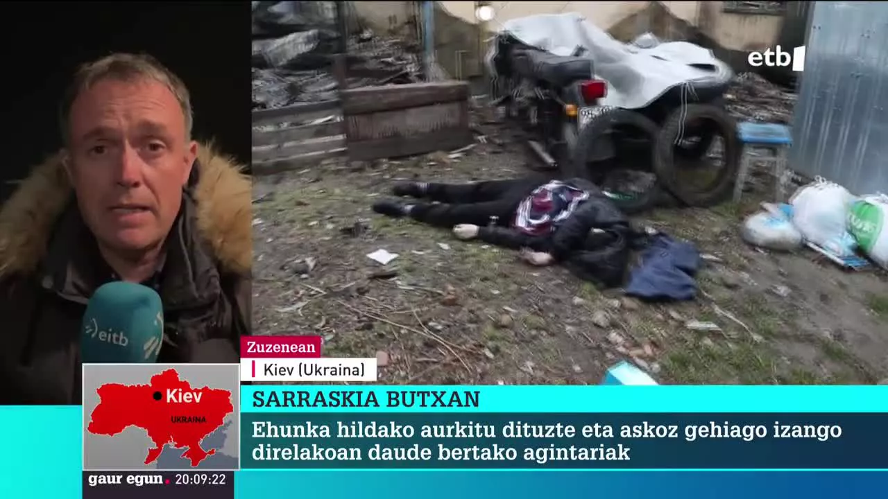 Butxako hirian, zibilen gorpuak nonahi. 410 pertsonen gorpuak aurkitu dituzte eta 280 gorpu inguru hobi komunetan lurperatu behar izan dituzte. Fusilatuak izan dira batzuk eta eskuak lotuta dituzte hainbatek.