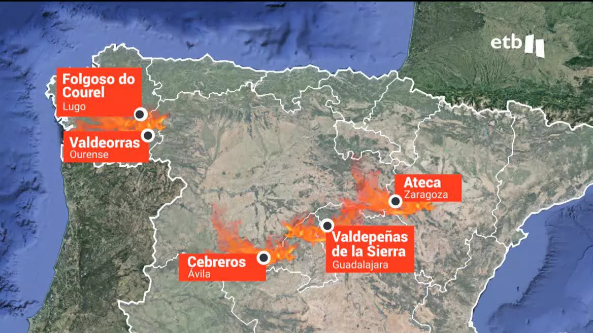 Preocupan, en especial, los fuegos declarados en Ateca (Zaragoza), en Cebreros (Ávila), en Galicia y en Guadalajara.
