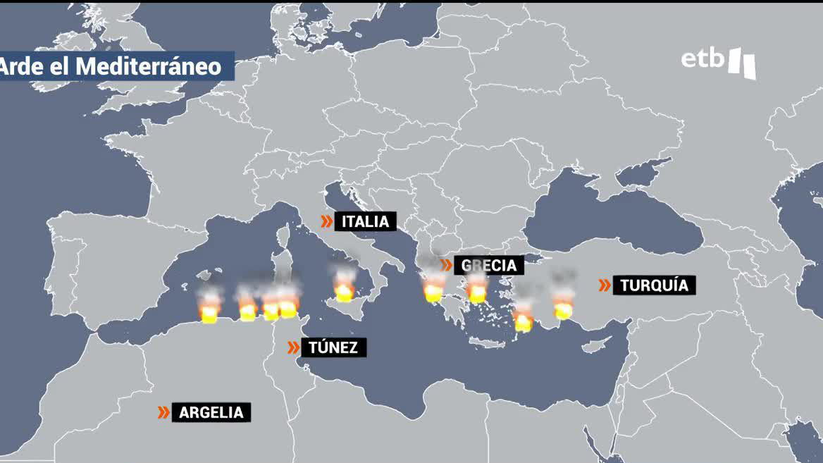 En Argelia, 34 personas han muerto en los incendios y 19 personas han sido detenidas por su presunta implicación. En Grecia, el fuego asola las islas de Rodas, Corfú y Eubea. En Italia, los incendios están fuera de control en Sicilia, provincia de Palermo.