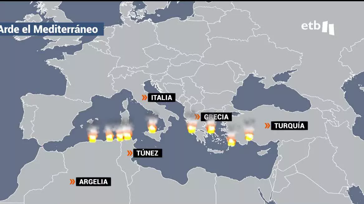 En Argelia, 34 personas han muerto en los incendios y 19 personas han sido detenidas por su presunta implicación. En Grecia, el fuego asola las islas de Rodas, Corfú y Eubea. En Italia, los incendios están fuera de control en Sicilia, provincia de Palermo.