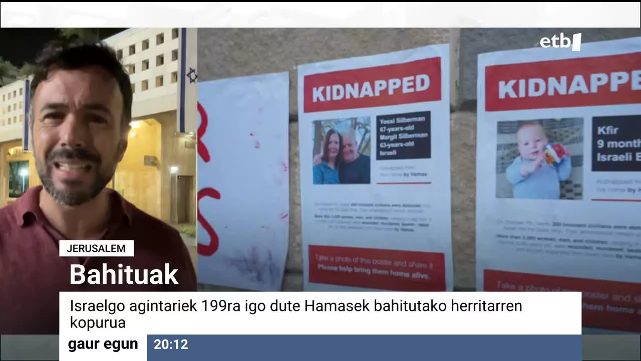 Israelgo agintariek 199ra igo dute Hamasek bahitutako herritarren kopurua, eta familiei jakinarazi diete gaur. Horietako asko presioa egiten ari dira Israelgo Gobernuaren gainean, senideen askapena lehenetsi dezan ofentsiba eta erasoen aurretik.