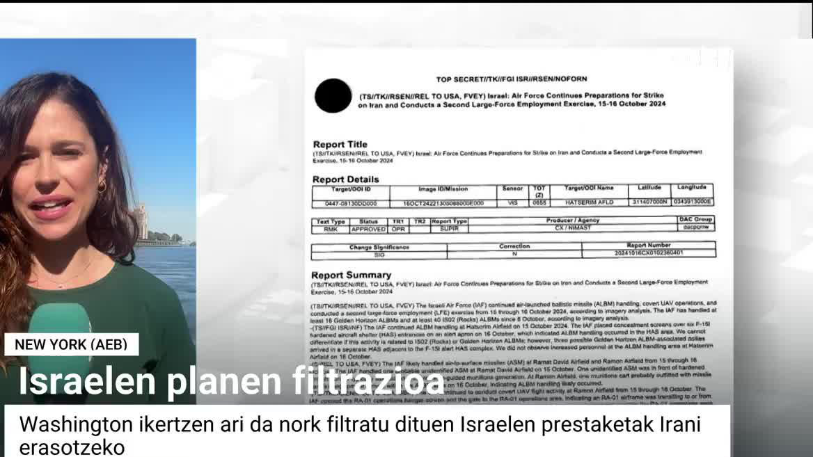 AEBko inteligentzia zerbitzuko dokumentuak dira eta Isralen gerra planak jasotzen ditu. Titulua zehazki da, "Aireko Indarrak Iranen aurkako erasoa prestatzen jarraitzen du".  AEBk ikerketa abian jarri du jakiteko ea filtrazioa den ala Pentagonoa hackeatu duten.