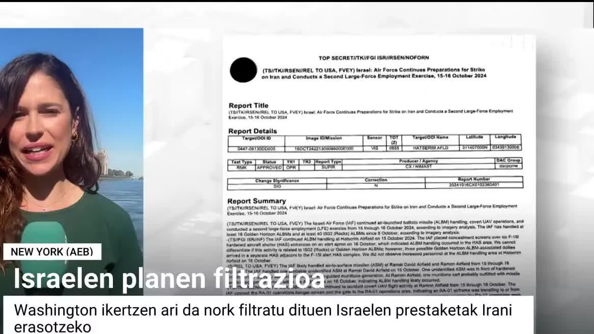 AEBko inteligentzia zerbitzuko dokumentuak dira eta Isralen gerra planak jasotzen ditu. Titulua zehazki da, "Aireko Indarrak Iranen aurkako erasoa prestatzen jarraitzen du".  AEBk ikerketa abian jarri du jakiteko ea filtrazioa den ala Pentagonoa hackeatu duten.
