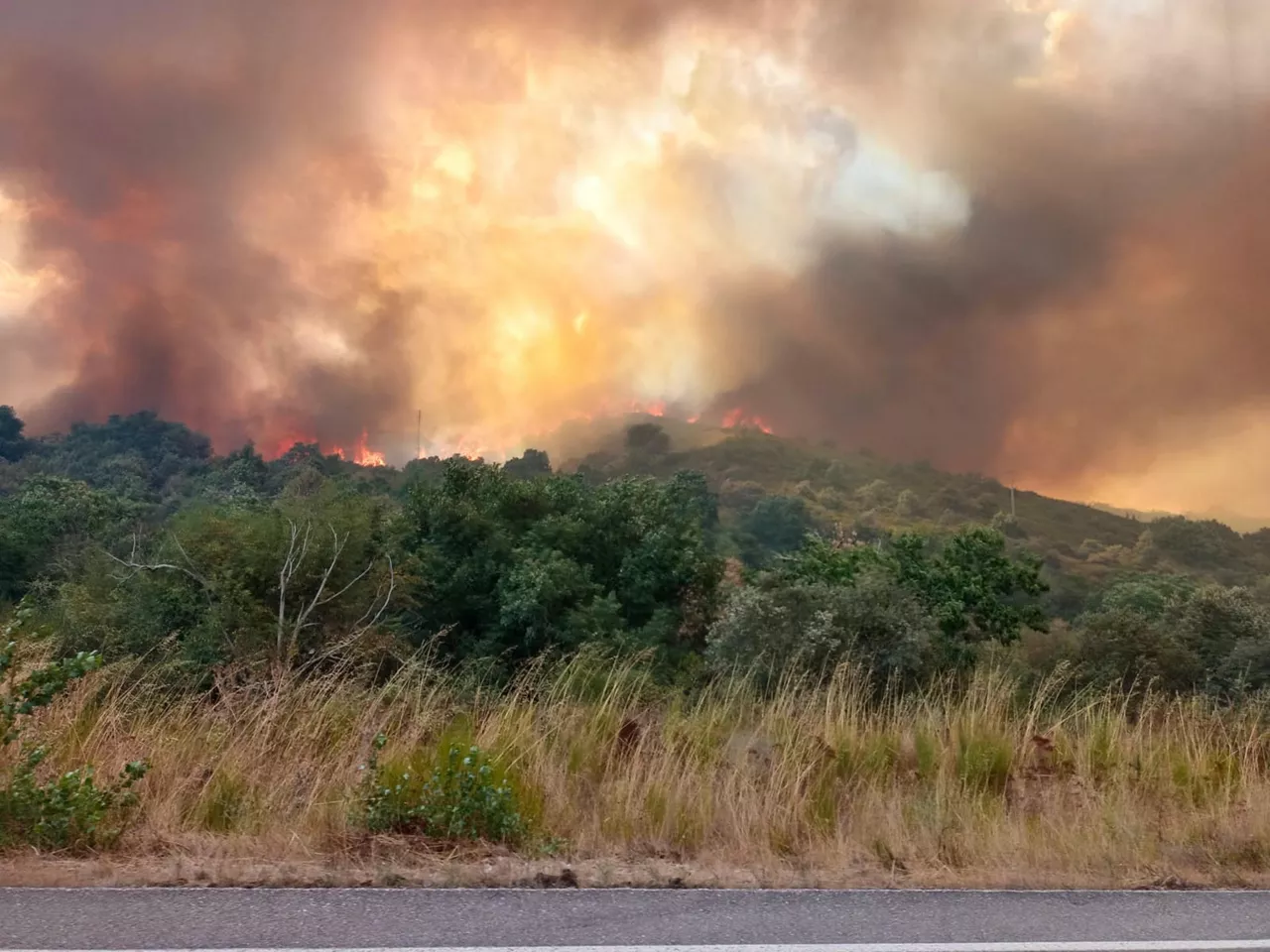 FOTODELDIA LAS MÉDULAS (LEÓN), 11/08/2025.- Un monte en llamas en la localidad de Las Médulas, en la comarca leonesa de El Bierzo, este lunes. El incendio forestal declarado este pasado sábado en la localidad de Yeres y que ha afectado al espacio natural de Las Médulas, catalogado por la Unesco como Patrimonio de la Humanidad, no ha dañado a las minas de oro romanas pero sí a la vegetación de su entorno, como castaños centenarios que han quedado arrasados. EFE/ Cedida por David Voces Olego / ***SOLO USO EDITORIAL/SOLO DISPONIBLE PARA ILUSTRAR LA NOTICIA QUE ACOMPAÑA (CRÉDITO OBLIGATORIO)***
