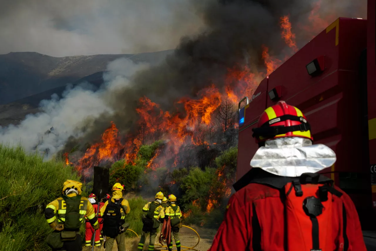 JARILLA (CÁCERES), 18/08/2025.- Efectivos de la UME trabajan hoy lunes en el incendio de Jarilla (Cáceres). El incendio de Jarilla (Cáceres) ha entrado ya en Castilla y León por zonas altas del municipio salmantino de Candelario a última hora de esta tarde, aunque la previsión es que se mantenga ahí y lo puedan controlar por la mañana con la ayuda de medios aéreos. EFE/UME SÓLO USO EDITORIAL/SÓLO DISPONIBLE PARA ILUSTRAR LA NOTICIA QUE ACOMPAÑA (CRÉDITO OBLIGATORIO)

