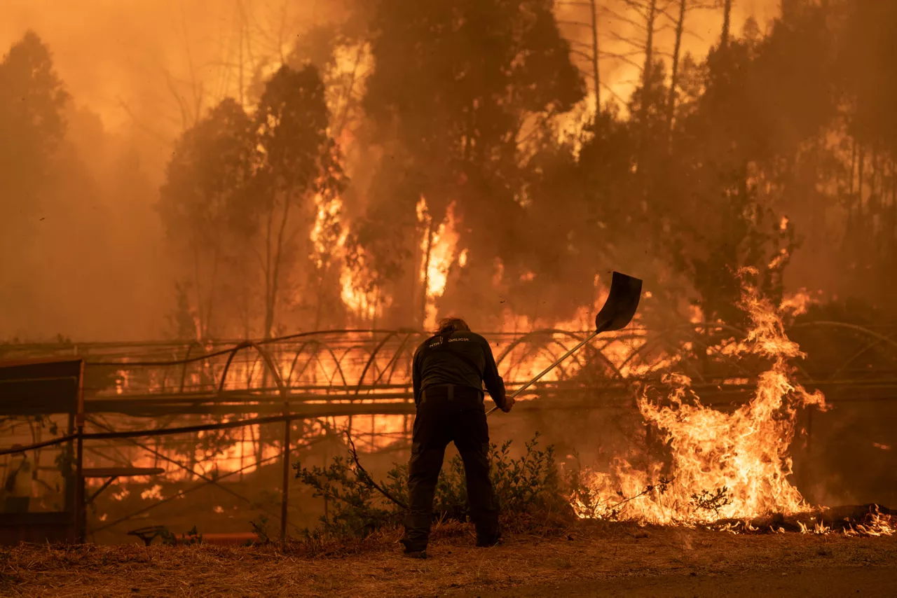 CARBALLEDA DE AVIA (OURENSE), 17/08/2025.- Un guarda forestal trabaja en labores de extinción del incendio forestal de Carballeda de Avia (Ourense) este domingo. La ola de incendios que afecta al noroeste de España no da tregua este domingo. Tras una semana de incendios que han causado tres muertos, miles de hectáreas quemadas y miles de desalojados por las llamas, el país se encuentra devastao. En la región de Galicia ardieron ya 50.000 hectáreas y en la de Castilla y León 3.500 personas permanecían fuera de sus hogares. EFE/ Brais Lorenzo
