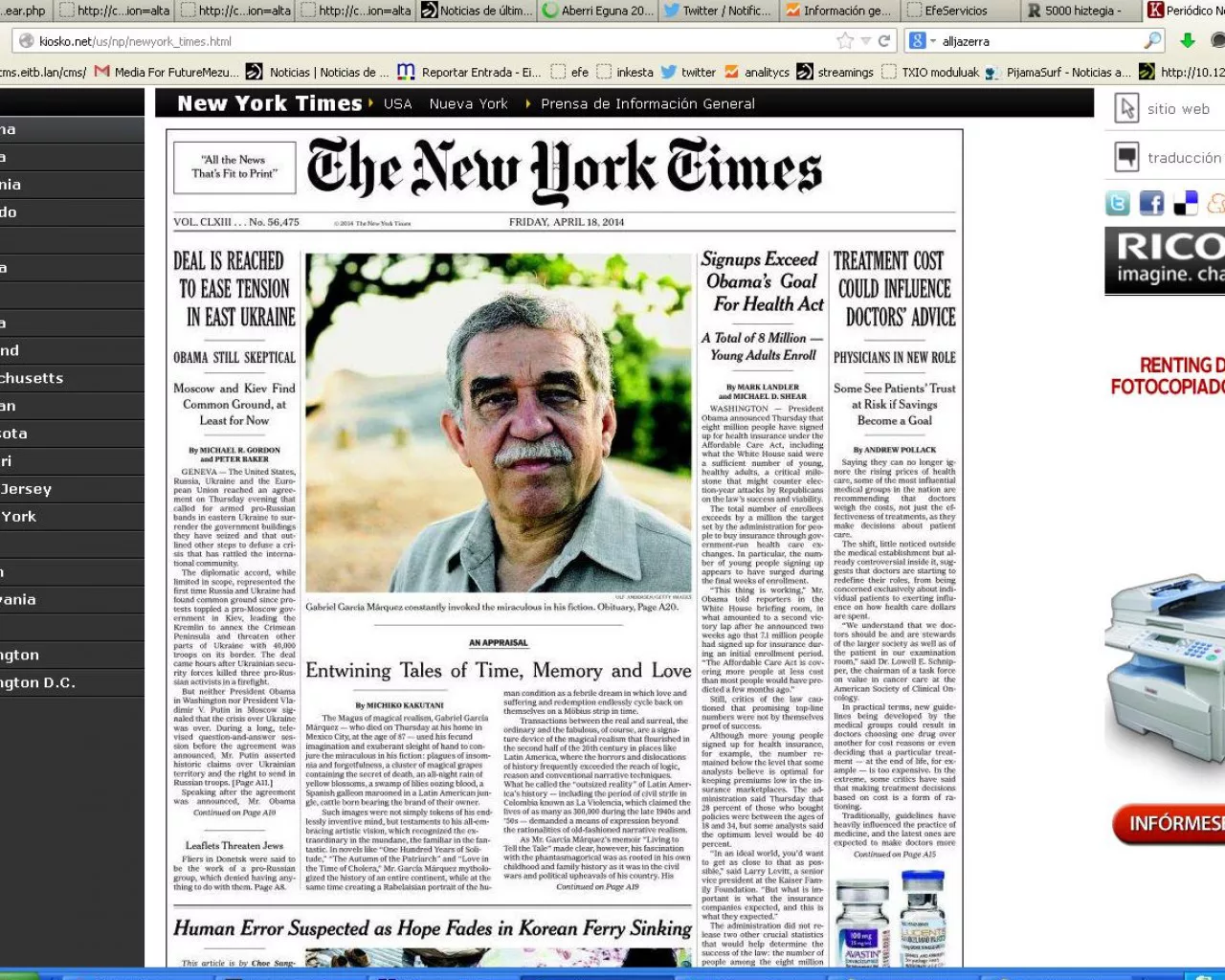 Gabriel Garcia Marquezen heriotzaren albistea, The New York Times-en azalean. IRudia: nytimes.com