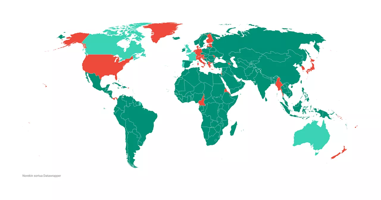 Berdez, Palestina estatu gisa onartzen duten herrialdeak.