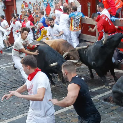 PAMPLONA, 13/07/2025.- Varios mozos son embestidos por toros de la ganadería gaditana de La Palmosilla s durante el séptimo encierro de los Sanfermines 2025 este domingo en Pamplona. EFE/Jesús Diges
