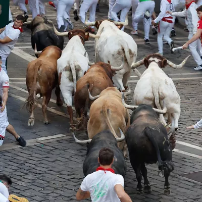 PAMPLONA, 11/07/2025.- Los toros de la ganadería Jandilla persiguen a los mozos durante el quinto encierro de los Sanfermines este viernes en Pamplona. EFE/Villar López
