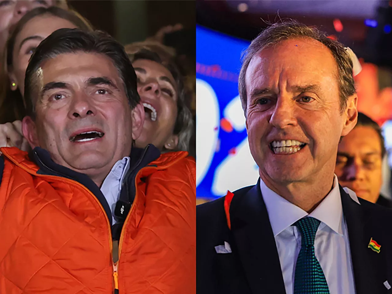 AME1262. LA PAZ (BOLIVIA), 17/08/2025.- Combo de fotografías donde aparecen Rodrigo Paz Pereira (i) y Jorge Quiroga. Paz Pereira y Quiroga, ambos opositores, reaccionaron a que disputarán una inédita segunda vuelta por la Presidencia en octubre, tras las elecciones generales realizadas este domingo. EFE/ Luis Gandarillas / Gabriel Márquez
