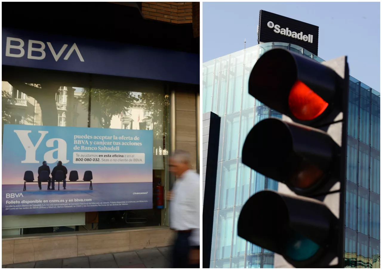 MADRID, 08/10/2025.- Sucursal del banco BBVA (i) y del Sabadell (d) en Madrid, este miércoles. La opa del BBVA sobre el Sabadell, cuyo plazo de aceptación finaliza este viernes, ya tiene algunos ganadores: los bancos de inversión, asesores y abogados contratados para el proceso, y las agencias que se han hecho cargo de las millonarias campañas de publicidad que han jalonado el proceso. Una opa que ha durado 17 meses desde que se inició, y que podría extenderse aún más si el BBVA no consigue el 50 % y se aventura a lanzar una segunda, es una importante fuente de ingresos para las firmas que intervienen, así como para la proyección de su imagen. EFE/ Javier Lizon
