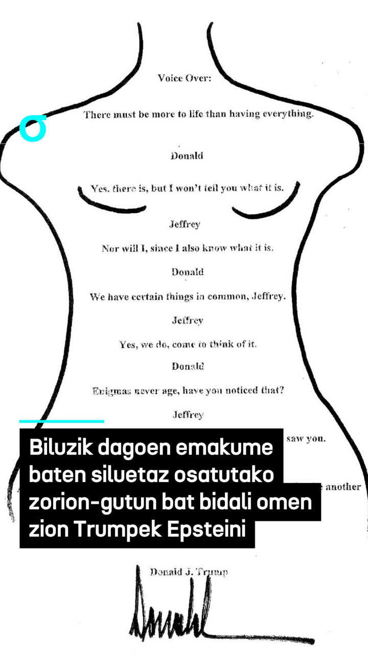Biluzik dagoen emakume baten siluetaz osatutako zorion-gutun bat bidali omen zion Trumpek Epsteini